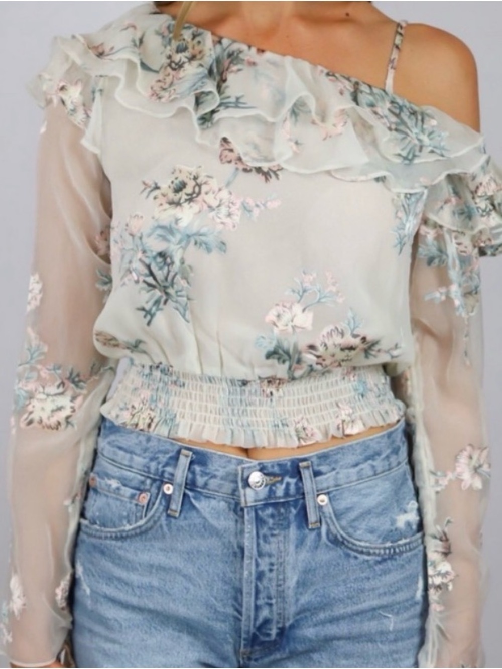 ASTR The Label Athena Asymmetrical Floral Top Sheer Long Sleeve Size Small